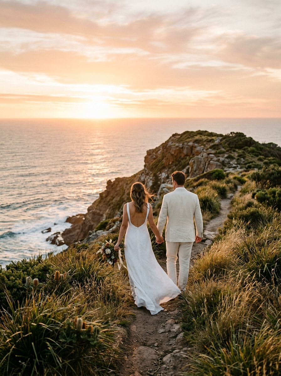 Couple walking along cliff-top path overlooking the ocean at golden hour