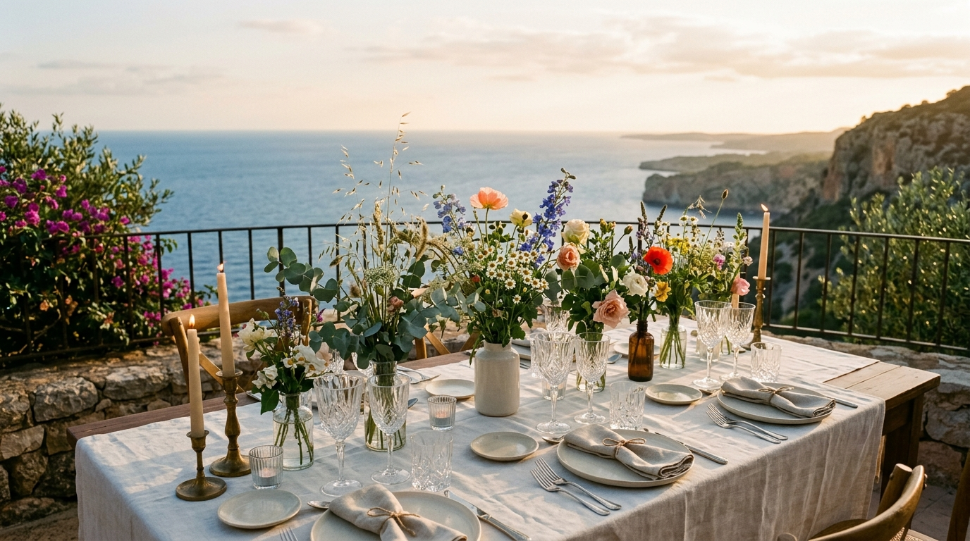 Elegant outdoor table setting for wedding dinner on cliff-top terrace