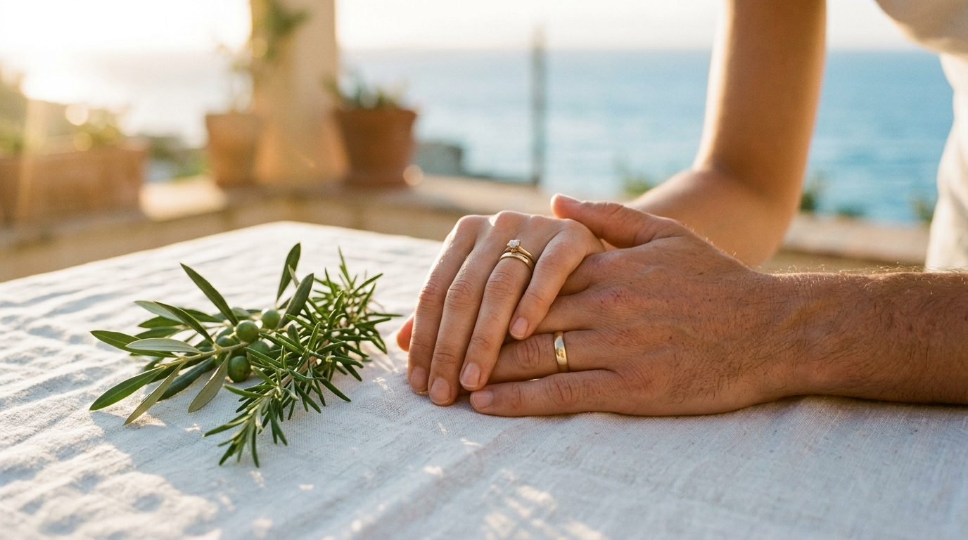 Intertwined hands on white linen with rosemary and olive branch