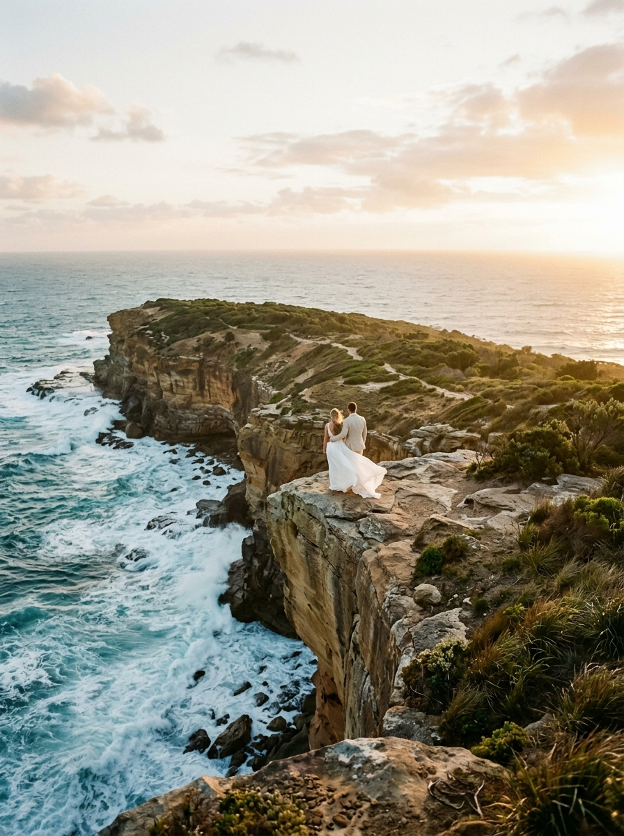 Couple standing at the edge of a dramatic coastal cliff looking out to sea